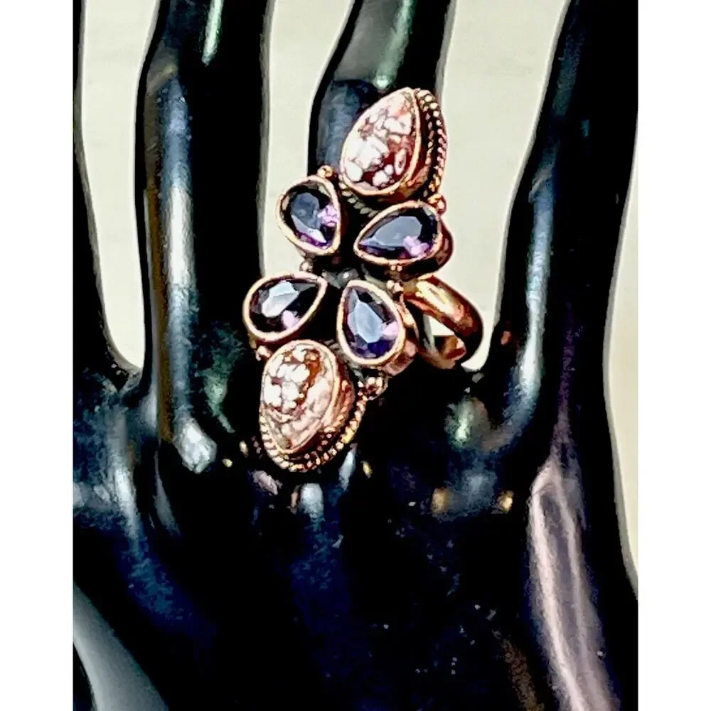 Wild Horse Turquoise Amethyst Copper Cluster SW Statement Ring Adj Sz Handmade